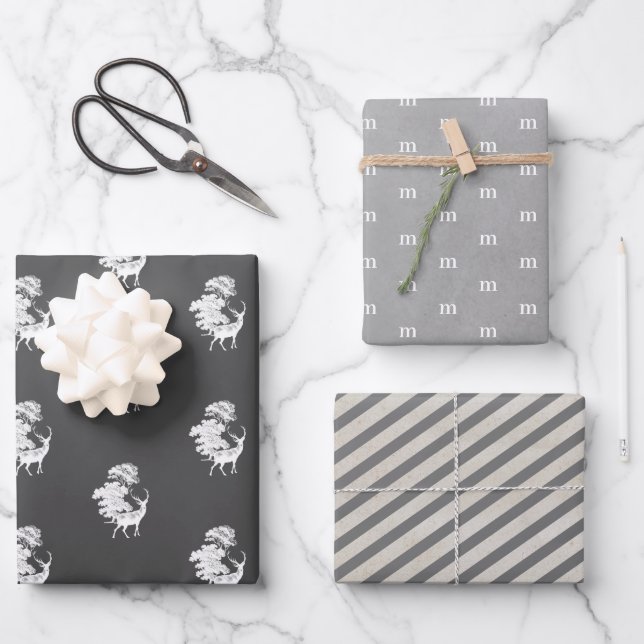 Modern Elegant Masculine Gray Monogram Wrapping Paper Sheets (Front)
