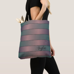 Modern Elegant Mauve And Teal Monogram Stripes  Tote Bag