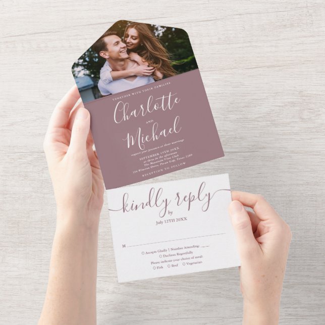 Modern Elegant Mauve Script Photo Wedding All In One Invitation (Tearaway)