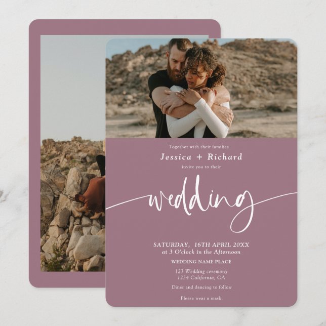 Modern elegant mauve wedding script photos invitation (Front/Back)