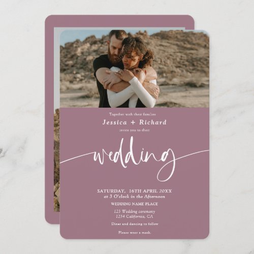 Modern elegant mauve wedding script photos invitation