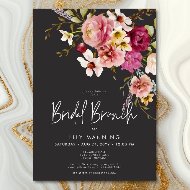 Modern Elegant Meadow Floral Black Bridal Brunch Invitation (Modern Elegant Meadow Floral Black Bridal Brunch Invitation)