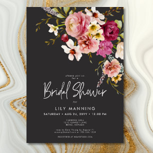 Modern Elegant Meadow Floral Black Bridal Shower Invitation