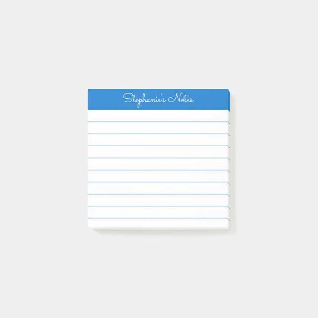Modern Elegant Medium Blue Personalized Lined Post-it Notes (Front)