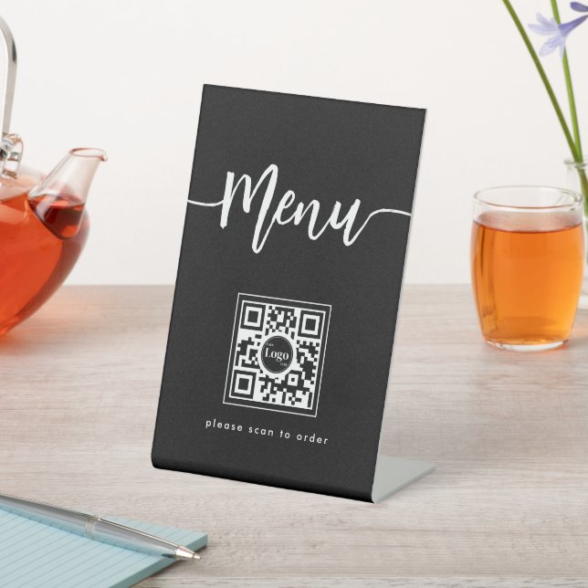 Modern Elegant Menu Script QR Code Black Pedestal Sign (In SItu)