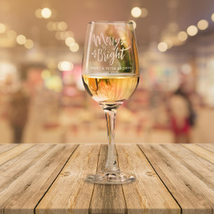 Modern Elegant Merry And Bright Christmas Script Wine Glass