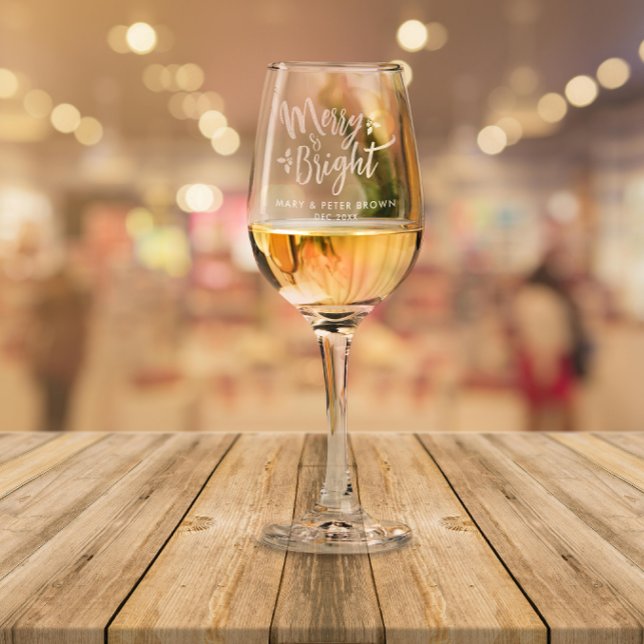 Modern Elegant Merry And Bright Christmas Script Wine Glass (Creator Uploaded)