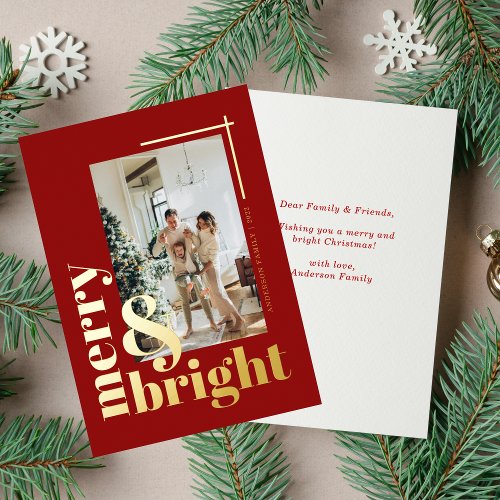 Modern Elegant Merry and Bright Simple Photo Foil Holiday Card