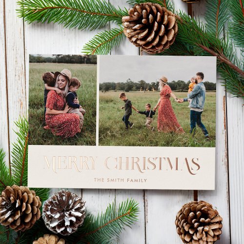 Modern Elegant Merry Christmas 2 Photo Foil Holiday Card