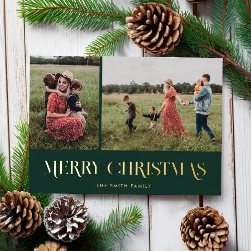 Modern Elegant Merry Christmas 2 Photo Foil Holiday Card