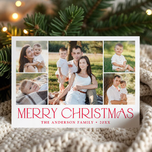 Modern Elegant Merry Christmas 5 Photo Collage Letterpress Photo Cards