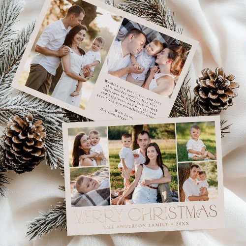 Modern Elegant Merry Christmas Cream Photo Collage Foil Holiday Card