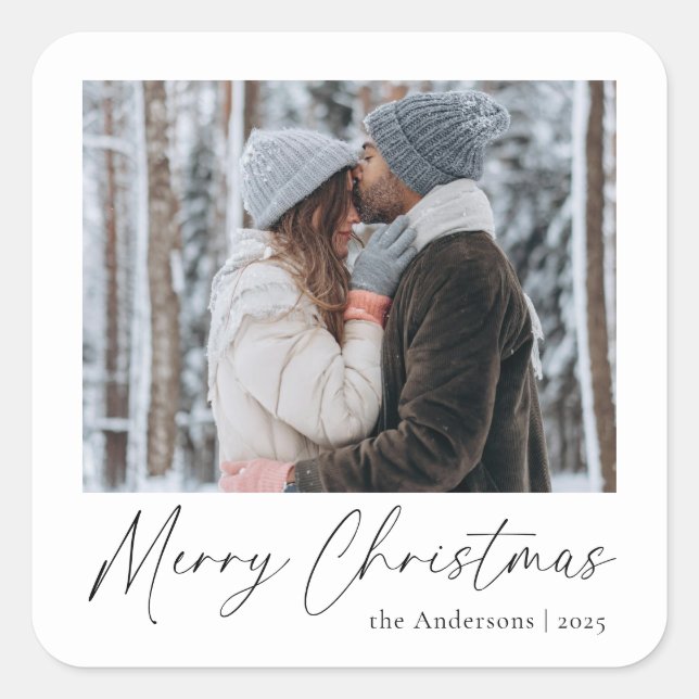 Modern Elegant Merry Christmas Custom Photo Square Sticker (Front)