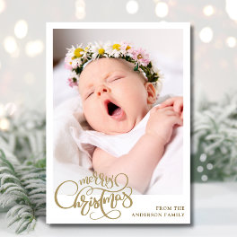 Modern Elegant Merry Christmas Gold Script Photo Holiday Card