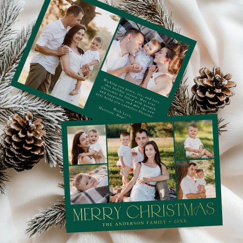 Modern Elegant Merry Christmas Green Photo Collage Foil Holiday Card