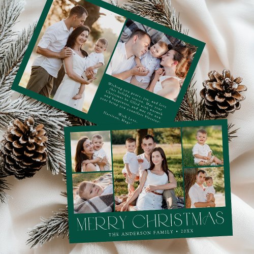 Modern Elegant Merry Christmas Green Photo Collage Holiday Card