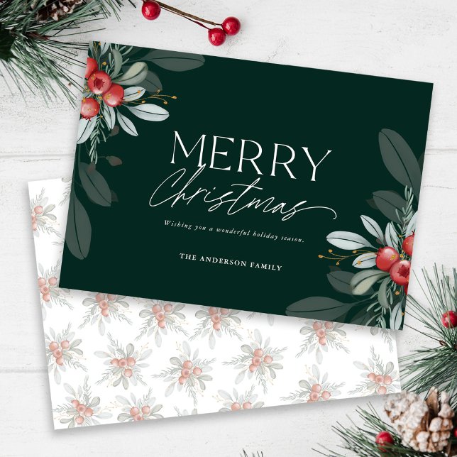 Modern Elegant Merry Christmas Greenery Flat Holiday Card (Creator Uploaded)