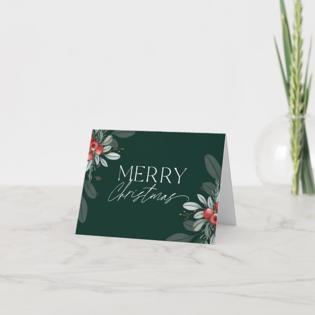 Modern Elegant Merry Christmas Greenery  Holiday Card (Front)