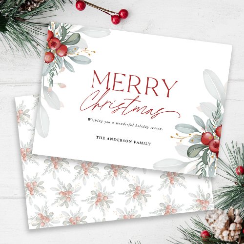 Modern Elegant Merry Christmas Greenery  Holiday Card