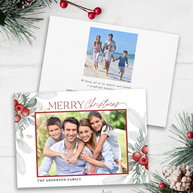 Modern Elegant Merry Christmas Greenery Photo Holiday Card (Creator Uploaded)