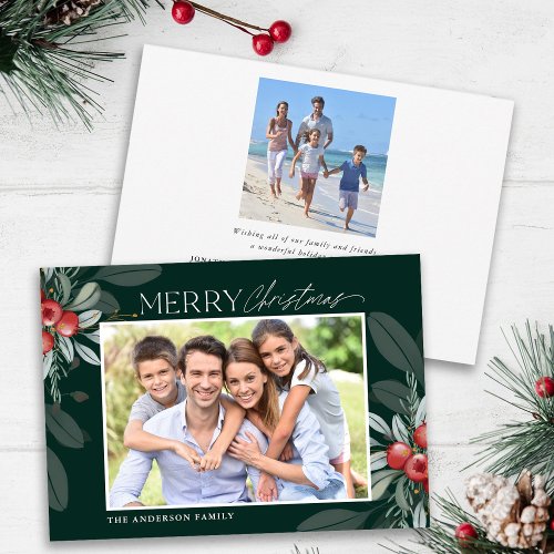 Modern Elegant Merry Christmas Greenery Photo Holiday Card