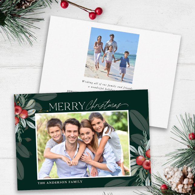 Modern Elegant Merry Christmas Greenery Photo Holiday Card (Creator Uploaded)