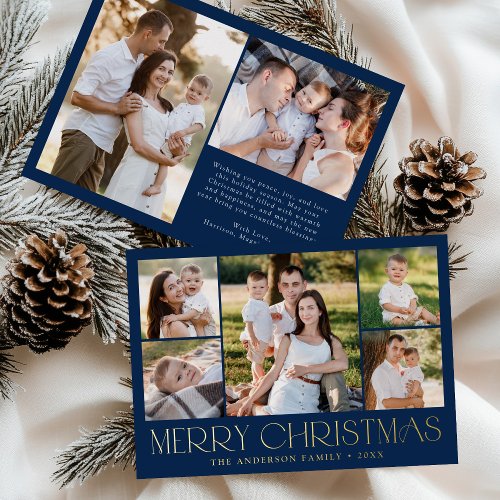 Modern Elegant Merry Christmas Navy Photo Collage Foil Holiday Card