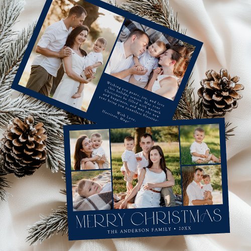 Modern Elegant Merry Christmas Navy Photo Collage Holiday Card