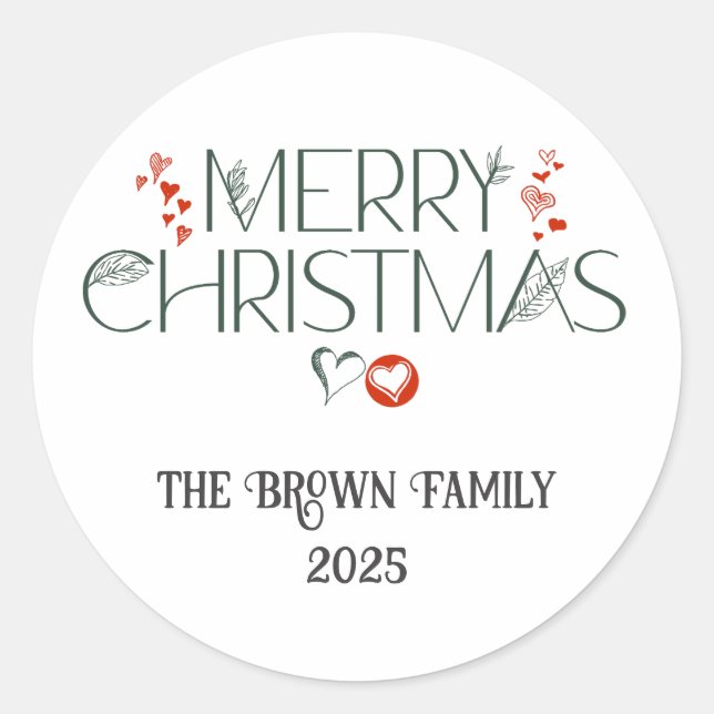 Modern Elegant Merry Christmas Personalized  Classic Round Sticker (Front)