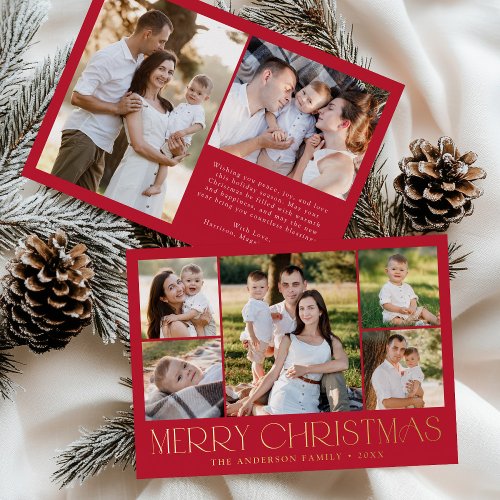 Modern Elegant Merry Christmas Red Photo Collage Foil Holiday Card