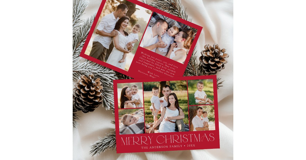 Modern Elegant Merry Christmas Red Photo Collage Holiday Card | Zazzle