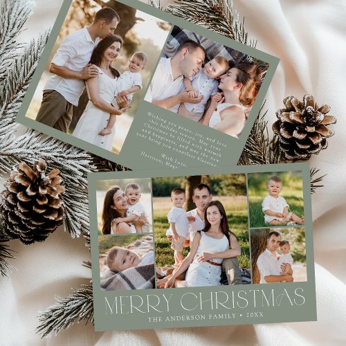 Modern Elegant Merry Christmas Sage Photo Collage Holiday Card