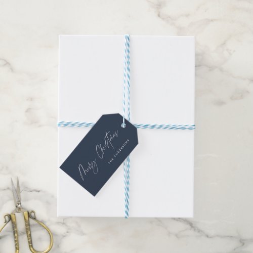 modern elegant merry christmas script blue gift tags