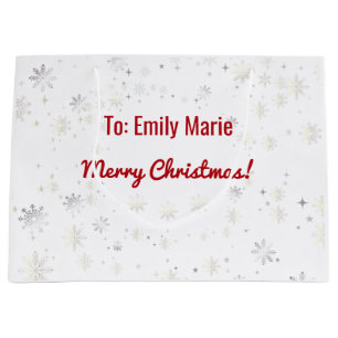 Modern Elegant Merry Christmas Snowflakes Name Large Gift Bag