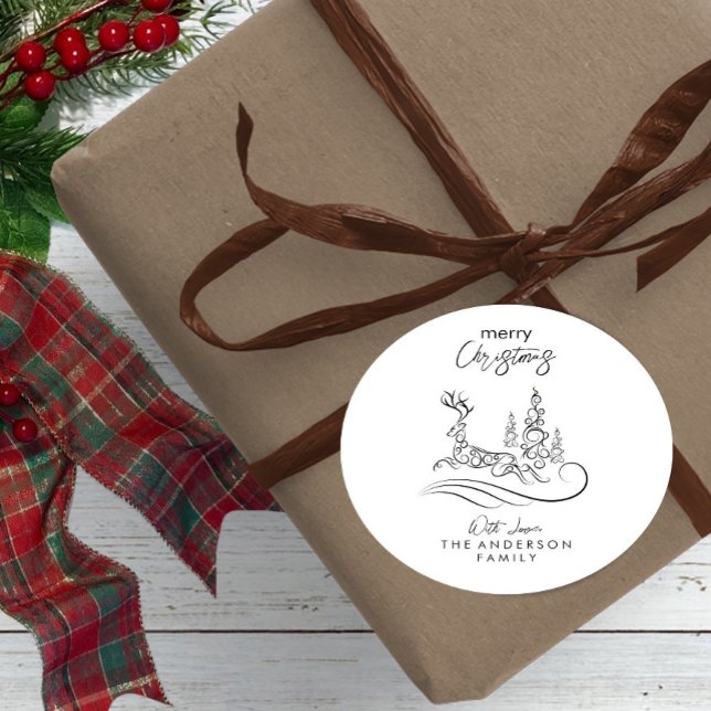 Modern Elegant Merry Christmas Tree and Reindeer Classic Round Sticker (Creator Uploaded)