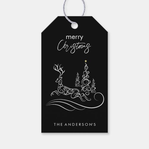 Modern Elegant Merry Christmas Tree and Reindeer Gift Tags