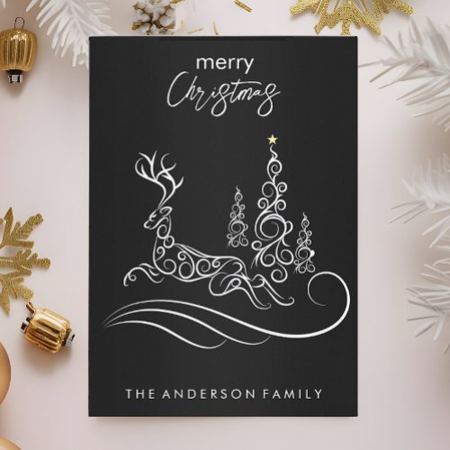 Modern Elegant Merry Christmas Tree and Reindeer Holiday Card