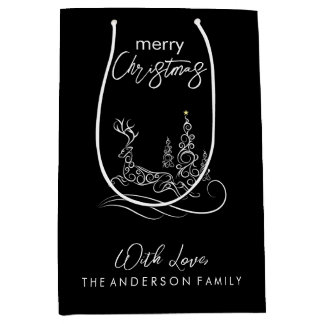 Modern Elegant Merry Christmas Tree and Reindeer Medium Gift Bag