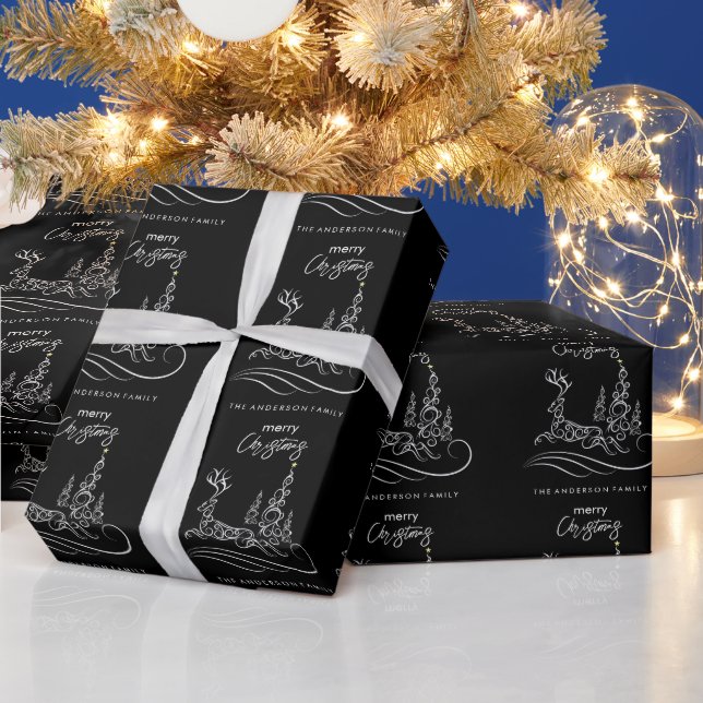 Modern Elegant Merry Christmas Tree and Reindeer Wrapping Paper (Holidays)