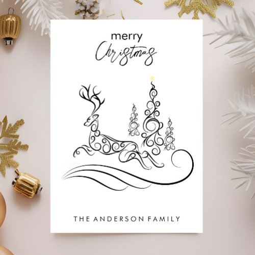 Modern Elegant Merry Christmas Trees and Reindeer Holiday Card