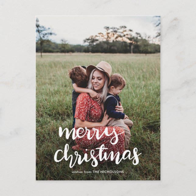 Modern Elegant Merry Christmas White Script Photo Postcard (Front)