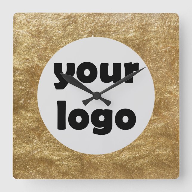Modern Elegant Metallic Gold Logo Square Wall Clock (Front)