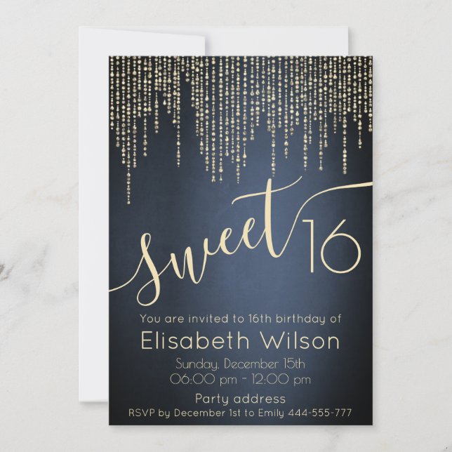 Modern elegant  midnight blue script sweet 16 invitation (Front)