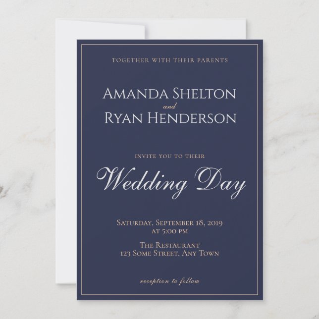 Modern Elegant Midnight Blue script Wedding Invitation (Front)