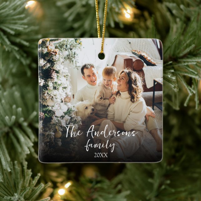 Modern Elegant minimal Calligraphy Family Photo Ceramic Ornament (Tree)