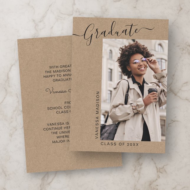 Modern Elegant Minimal Kraft 1 Photo Graduation Announcement (Creator Uploaded)