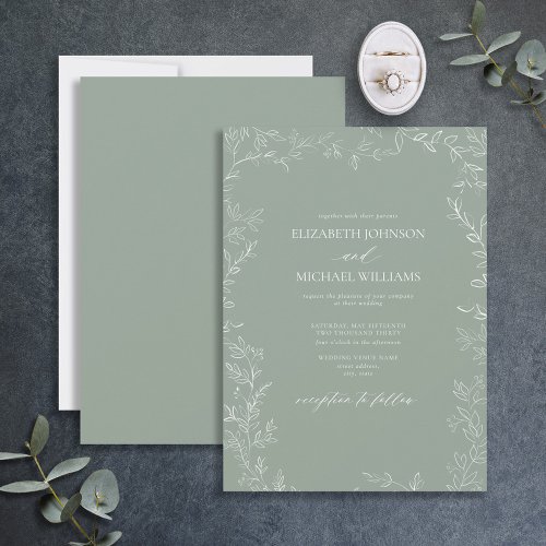 Modern Elegant Minimal Leaf Sage Green Wedding Invitation