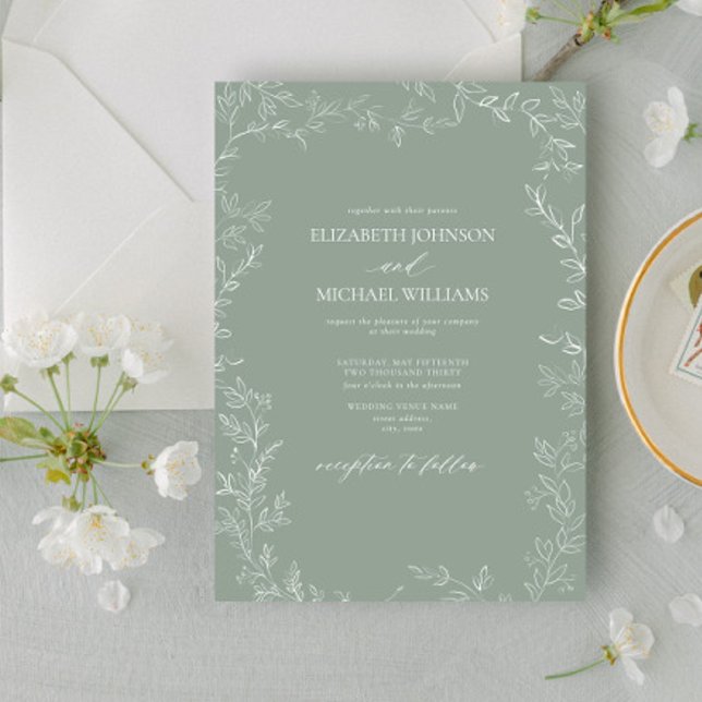 Modern Elegant Minimal Leaf Sage Green Wedding Invitation (Creator Uploaded)