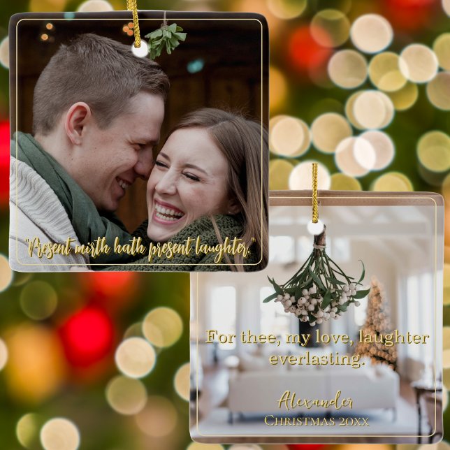 Modern Elegant Minimal Script Quote Mistletoe Gold Ceramic Ornament (Creator Uploaded)