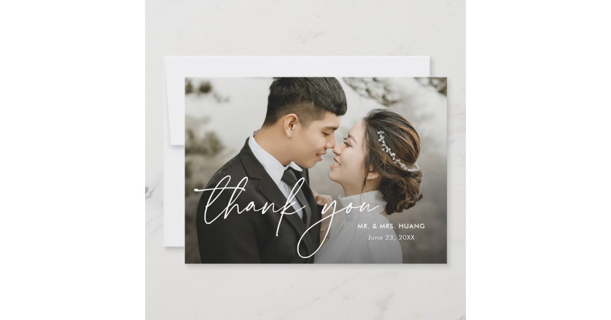 Modern Elegant Minimal Script Two Photo Wedding Thank You Card | Zazzle
